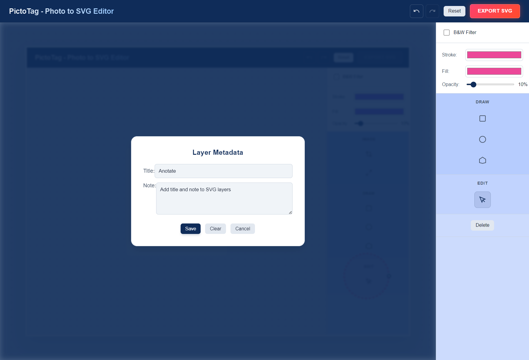 Screenshot showing annotation options in PictoTag
